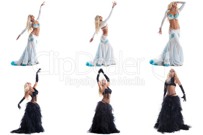 Set of blonde posing in costumes for belly dance