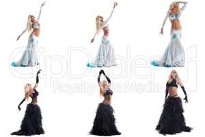 Set of blonde posing in costumes for belly dance