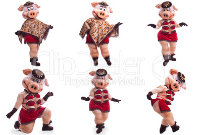 Collage of person in pig mascot costume for dance