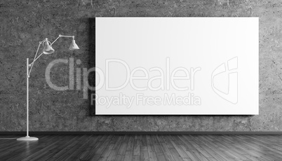 Floor lamp and posters over concrete wall 3d rendering