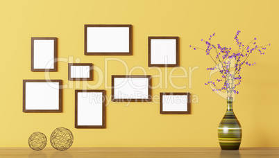 Blank wooden frames over yellow wall 3d rendering