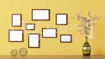 Blank wooden frames over yellow wall 3d rendering