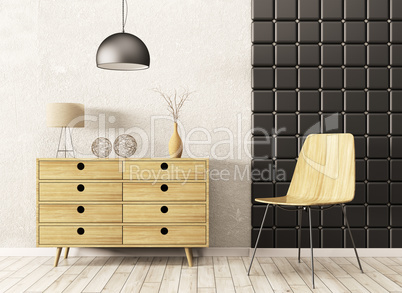 Interior with wooden cabinet and chair 3d rendering