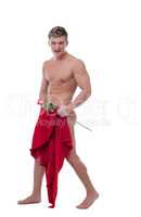 Merry nude man posing with rose. Isolated on white