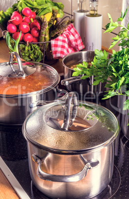 cooking pots on the stove