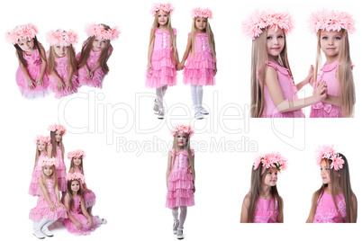 Set of adorable little girls pose in pink dresses