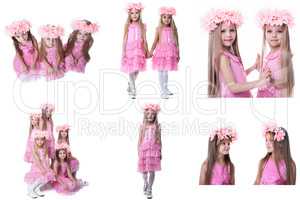 Set of adorable little girls pose in pink dresses