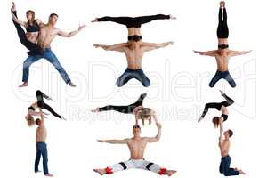 Acrobatics. Collection of couple posing at camera