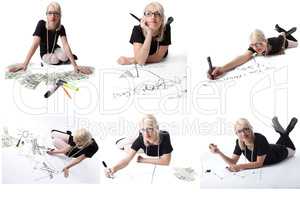 Set of pretty blonde in glasses posing as student