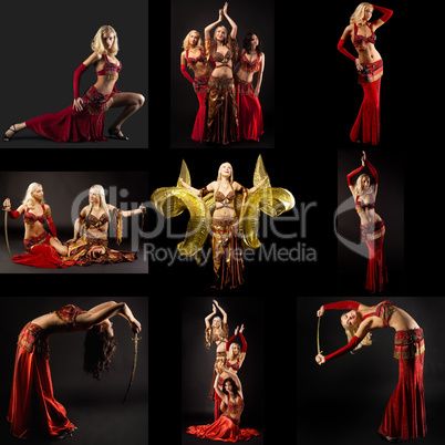 Belly dance. Set of sexy women dancing with sabers