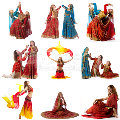 Belly dance. Collage of dancers in ornate costumes