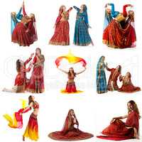 Belly dance. Collage of dancers in ornate costumes