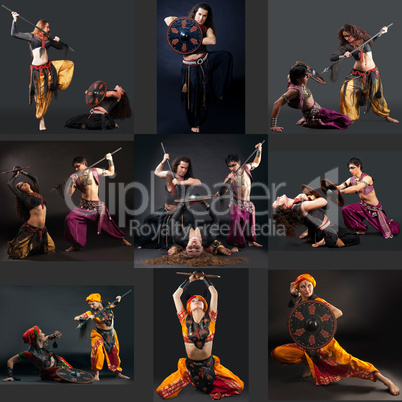 East Dance. Collage of dancers perform with spears