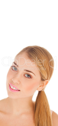 Portrait of beautiful woman on white background