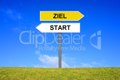 Wegweiser zeigt Start Ziel