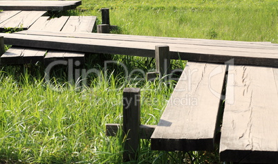 wood bridge in japan garden at day