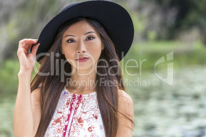 Thoughtful Chinese Asian Young Woman Girl Wearing Black Hat