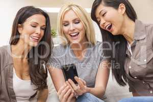 Interracial Group Three Women Friends Laughing Smart Phone