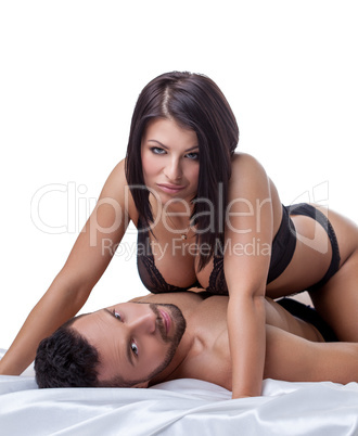 Erotica. Image of hot brunette lies on bearded man