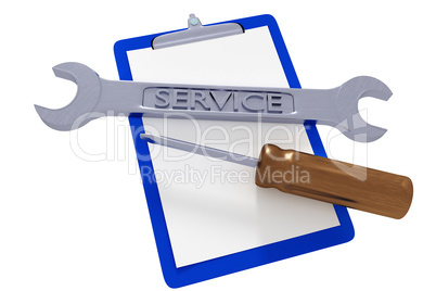 Wrench and screwdriver and clipboard