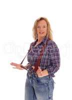 Woman in checkered shirt and suspender.