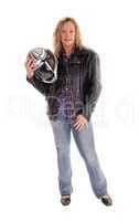 Blond woman with motorcycle helmet.