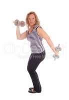 Woman workout with two dumbbells.