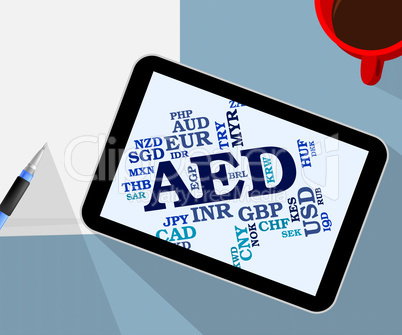 Aed Currency Represents United Arab Emirates And Coinage