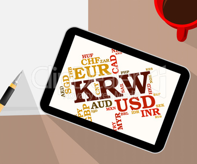 Krw Currency Represents South Korean Wons And Banknote