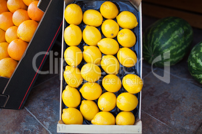 Fresh lemons in an open cardboard box for sale