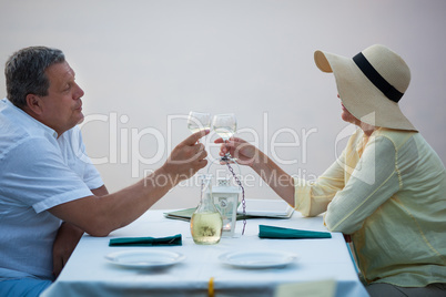 Romantic middle-aged couple toasting each other