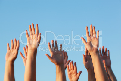 Group of people raising their hands in the air