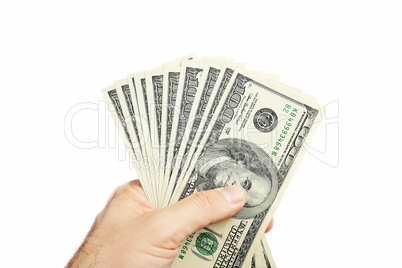 Male hand holding ten bill of hundred dollar isolated on white background
