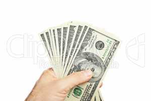 Male hand holding ten bill of hundred dollar isolated on white background