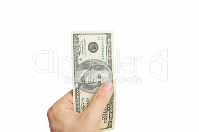 Male hand holding one hundred dollar bill isolated on white background