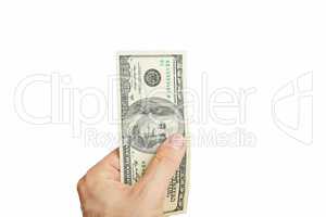 Male hand holding one hundred dollar bill isolated on white background