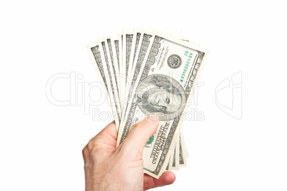 Male hand holding thousand dollar isolated on white background