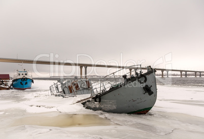 Ship wreck in a frozen river