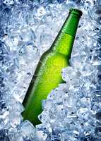 Green bottle in ice