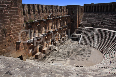 Open old circle theater Aspendos in Antalya, archeology background. Constructed by Greece architect Eenon during time of Mark Aurelius
