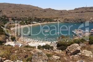 View from above of the main beach in Lindos