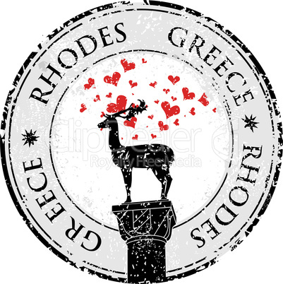 Grunge love stamp with Rhodes  deer and heart, Greece written inside, vector illustration