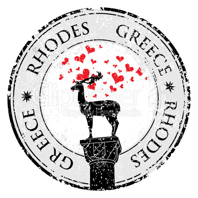 Grunge love stamp with Rhodes  deer and heart, Greece written inside