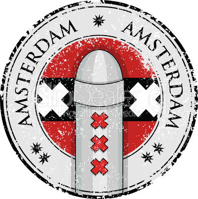 Grunge stamp with bollard symol of Amsterdam and flag, vector illustration