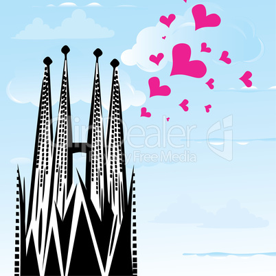 I love town city Barcelona, Spain, vector heart illustration of Sagrada Familia