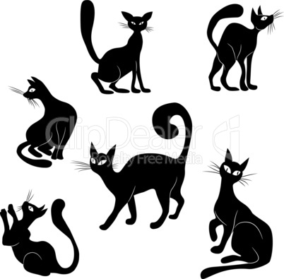 Black cat icon silhouette collection. Vector animal set sketch kitty logo isolated on white.