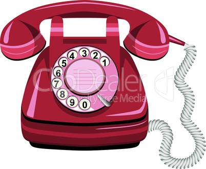 Telephone icon red, vector old rotary dial vintage phone on white background