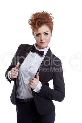 Red-haired business lady showing thumbs up