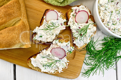 Bread with pate of curd and radish on board top