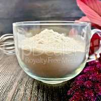 Flour amaranth in cup with mixer on board